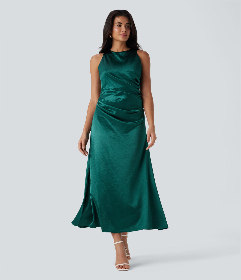 Tie Back Ruched Maxi Satin Dress