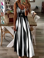 Summer New Arrival Women's Casual Sleeveless Striped V-Neck Long Dress, Sweet Style Loose-Fitting Daily Wear, Perfect for Outdoor Activities