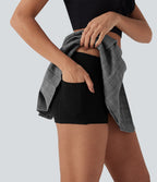 Mid Rise Pleated 2-Piece Houndstooth Mini Casual Skirt with Pockets