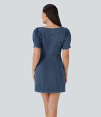 FlexTM Square Neck Short Sleeve Zipper Denim Mini Casual Dress