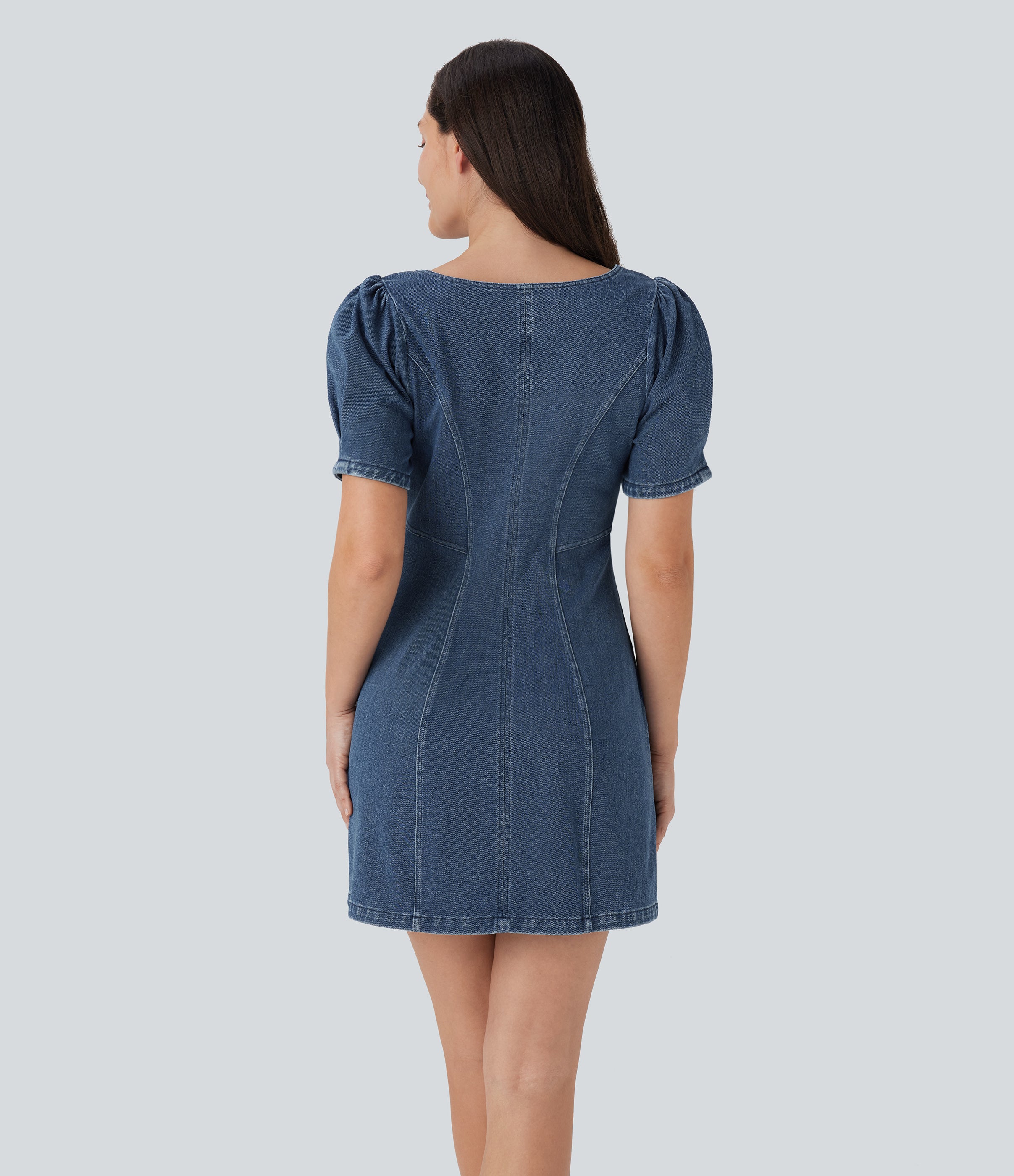 FlexTM Square Neck Short Sleeve Zipper Denim Mini Casual Dress