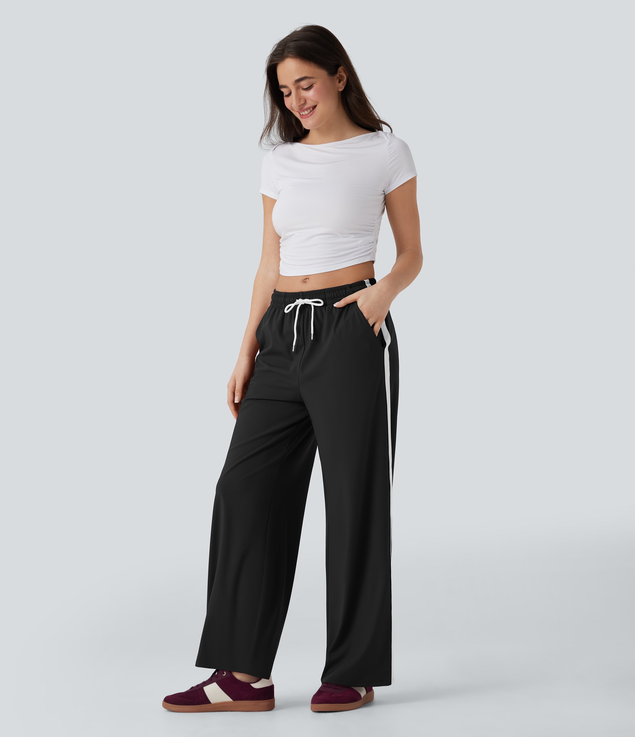 SoftlyZeroTM Airy Low Rise Drawstring Color Block Straight Leg Cool Touch Casual Pants with Pockets-UPF50+