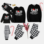 "2025 Family Christmas" Letter Print Black Long Sleeve Top with Black And White Plaid Pants Family Matching Pajamas