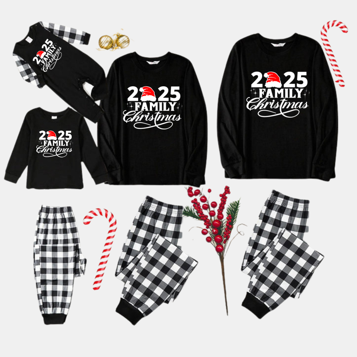 "2025 Family Christmas" Letter Print Black Long Sleeve Top with Black And White Plaid Pants Family Matching Pajamas