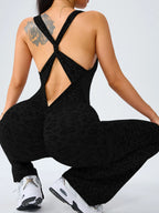 Women's Leopard Print Yoga Jumpsuit, Cross Strap Design, Long Sleeve Slim Fit, Casual Fashion for All Seasons, Comfortable Wear at Home