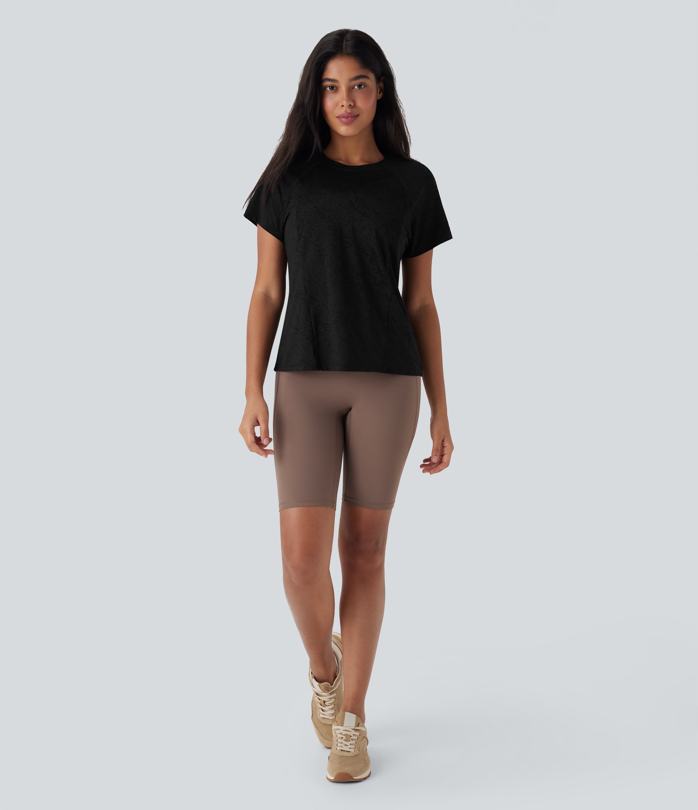 Jacquard Round Neck Raglan Sleeve Yoga Sports Top
