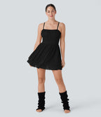 Ruched Tiered Mesh Overlay 2-in-1 Mini Dance Slip Active Dress with Pocket-Easy Peezy