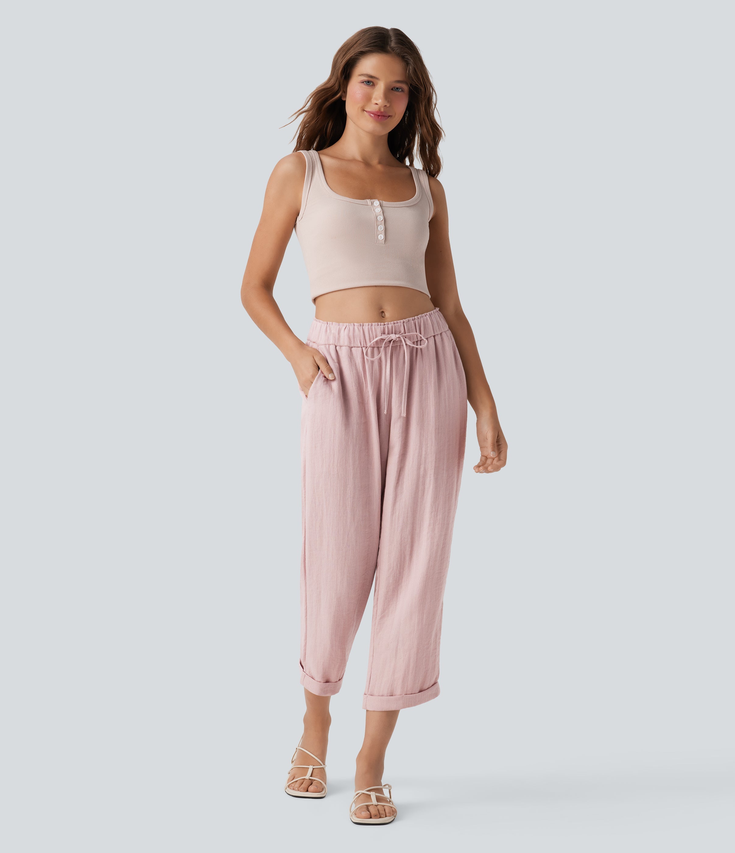 Mid Rise Drawstring Casual Tapered Pants with Pockets