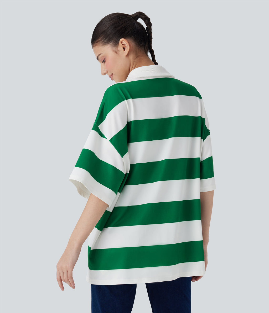 Polo Neck Dropped Shoulder Colorblock Stripe Oversize Casual T-Shirt