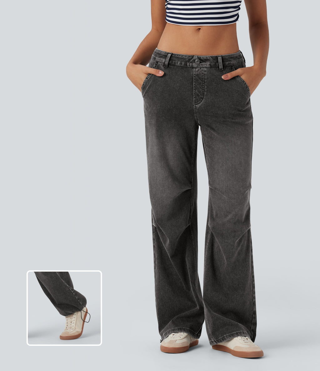 FlexTM Low Rise Adjustable Drawcord Stretchy Knit Casual Parachute Jeans with Multiple Pockets
