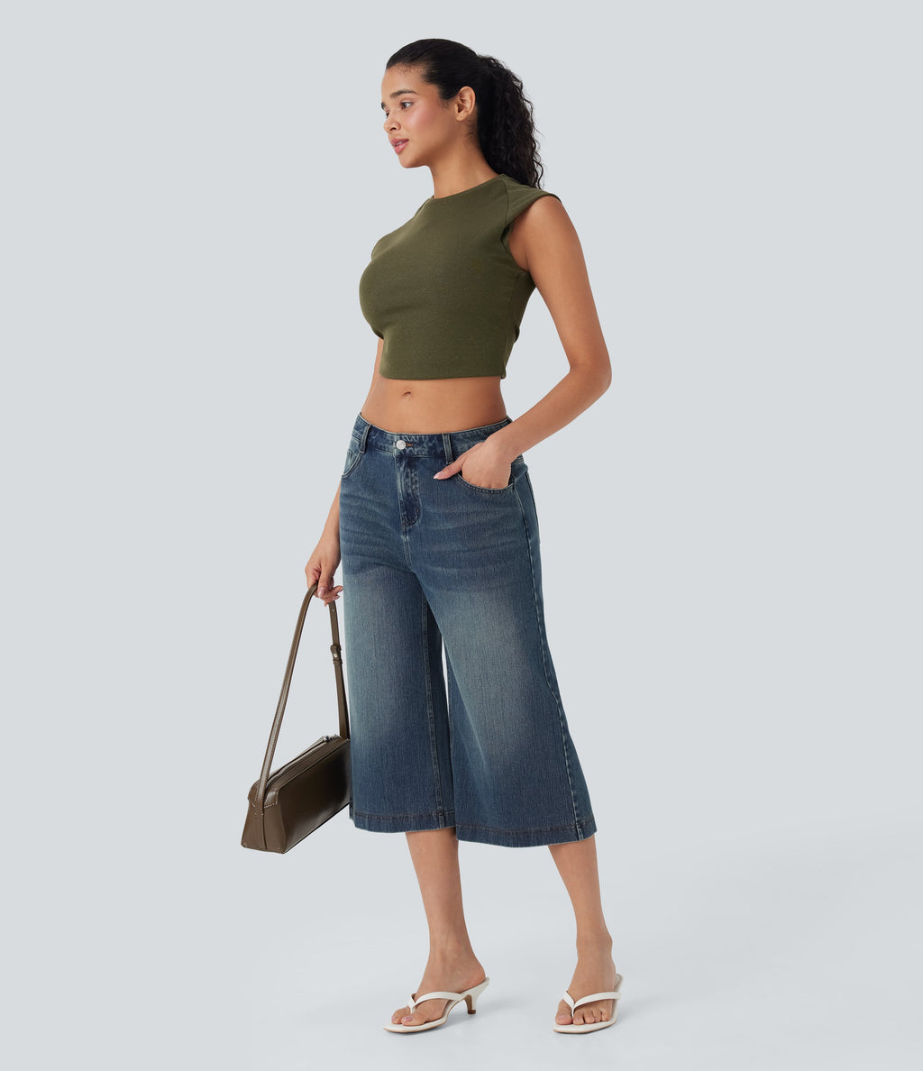 FlexTM Low Rise Washed Casual Capri Baggy Jeans with Pockets