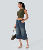 FlexTM Low Rise Washed Casual Capri Baggy Jeans with Pockets