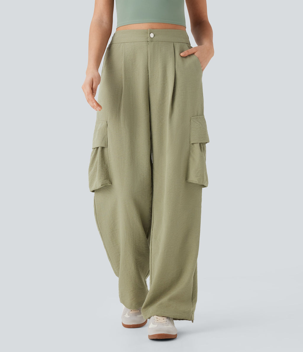High Waisted Adjustable Drawstring Hem Linen-Feel Casual Cargo Pants with Pockets