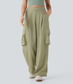 High Waisted Adjustable Drawstring Hem Linen-Feel Casual Cargo Pants with Pockets