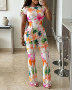 Women's 2 Piece Floral Mesh Set Asymmetric Slit Top and High Waist Flare Pants Set Lettuce Hem Sheer Party Clubwear