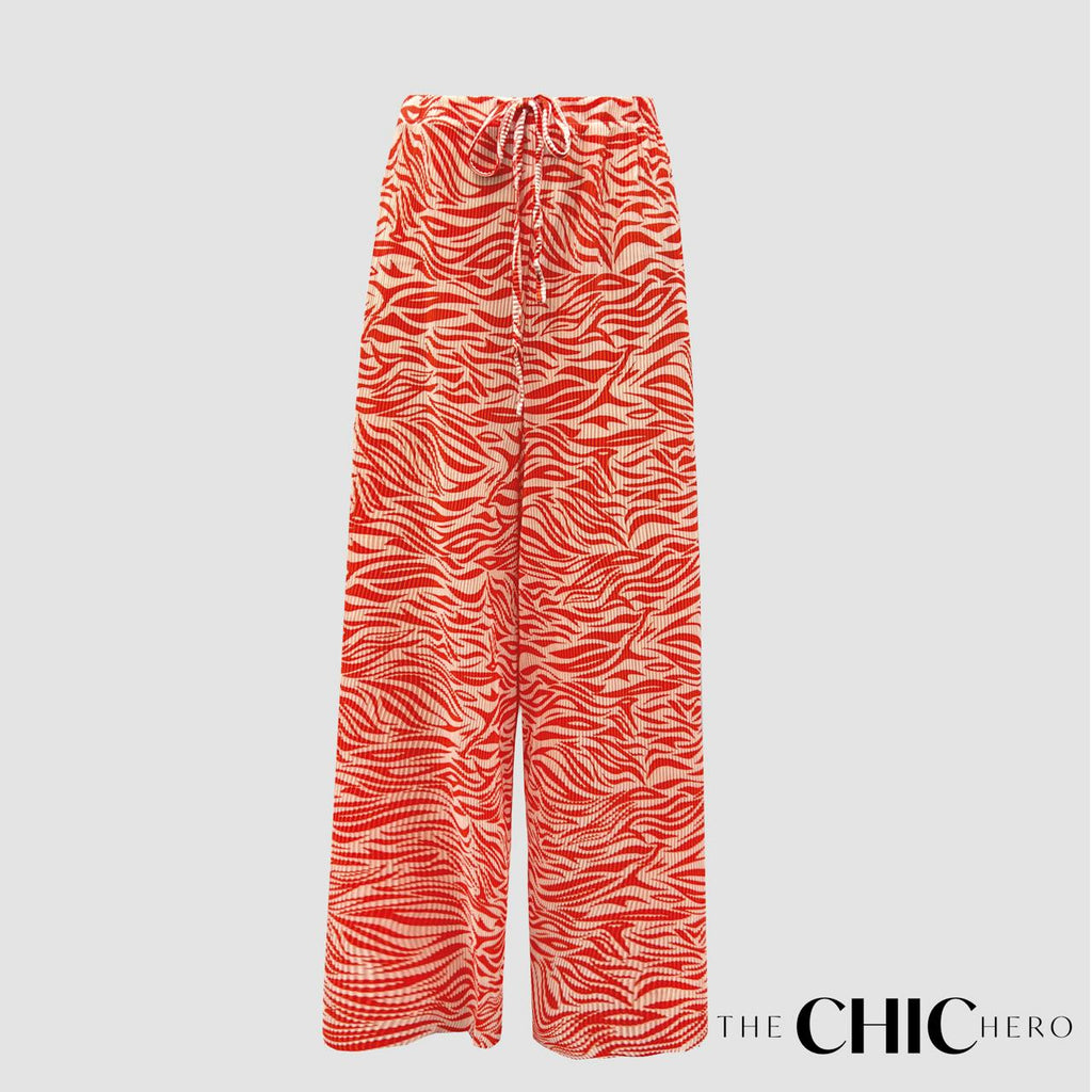 Orange Red Abstract Print Wide-Leg Drawstring Palazzo Pleated Pants