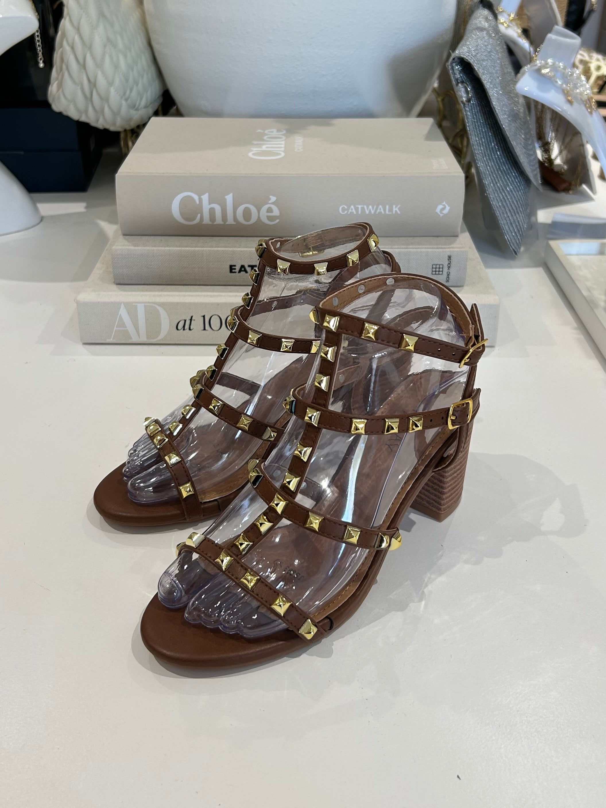 Gold Studded Block Heel Sandal (3 Colours)