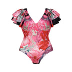 Pink Floral Patterned Ruffled Sleeves One-Piece Swimsuit&Skirt