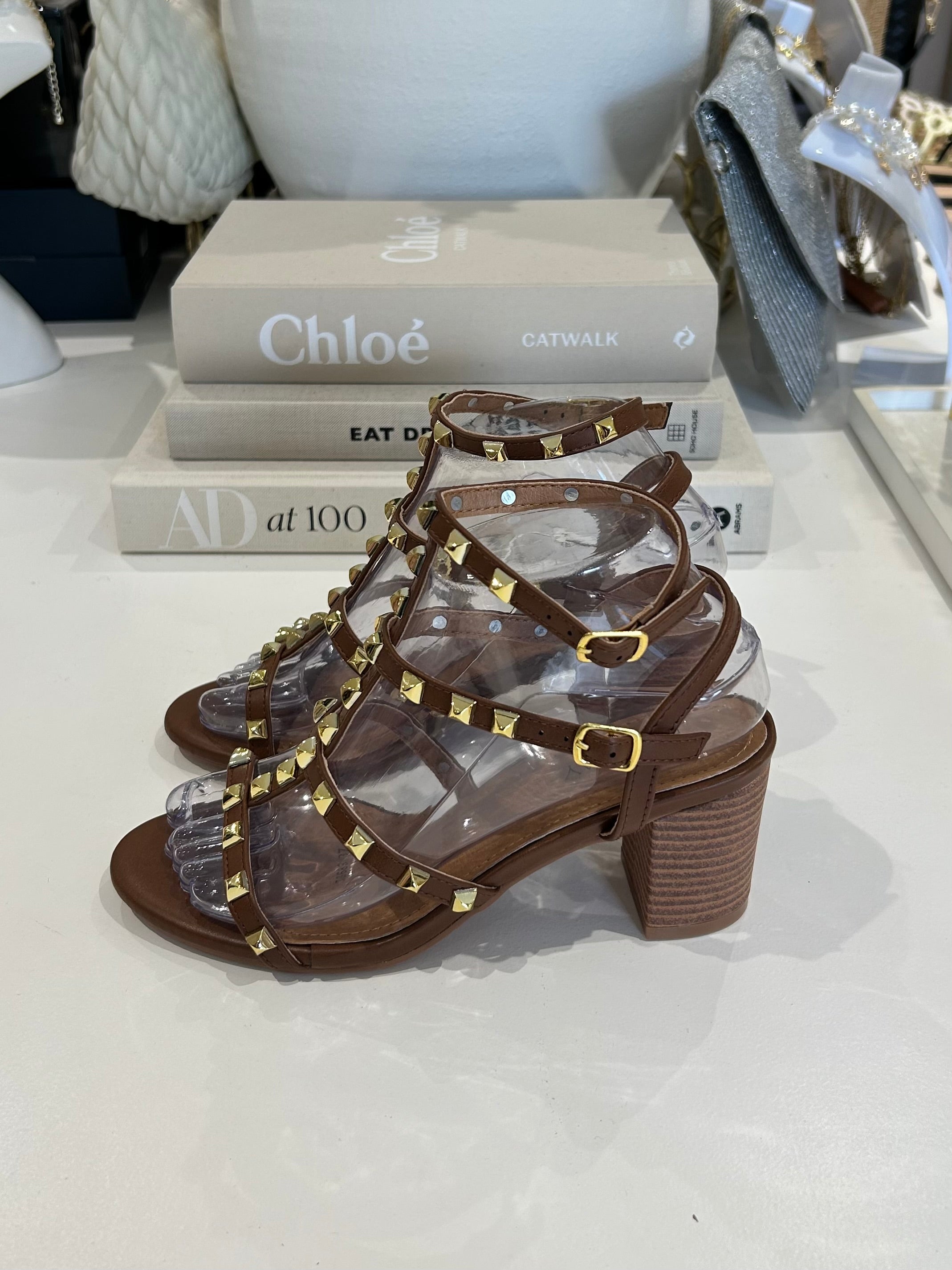 Gold Studded Block Heel Sandal (3 Colours)