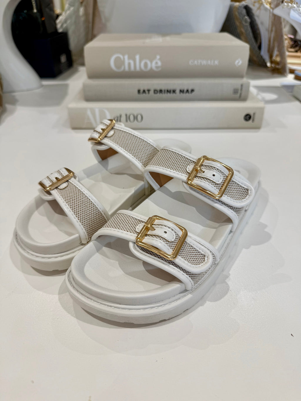 Double Buckle Contrast Woven Sandals (3 Colours)