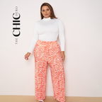 Orange Red Abstract Print Wide-Leg Drawstring Palazzo Pleated Pants