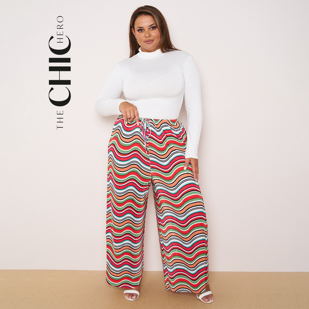 Multi Abstract Print Wide-Leg Drawstring Palazzo Pleated Pants
