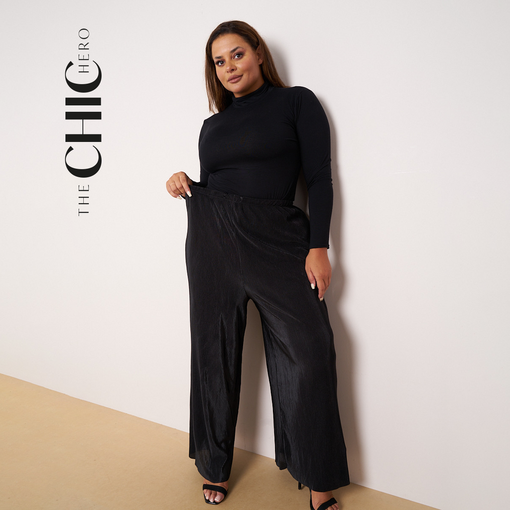 Black Wide-Leg Drawstring Pants Palazzo Pleated Pants CORE(0XL-XL)