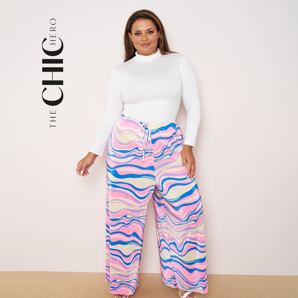 Tie-dye Wave Abstract Print Wide-Leg Drawstring Palazzo Pleated Pants