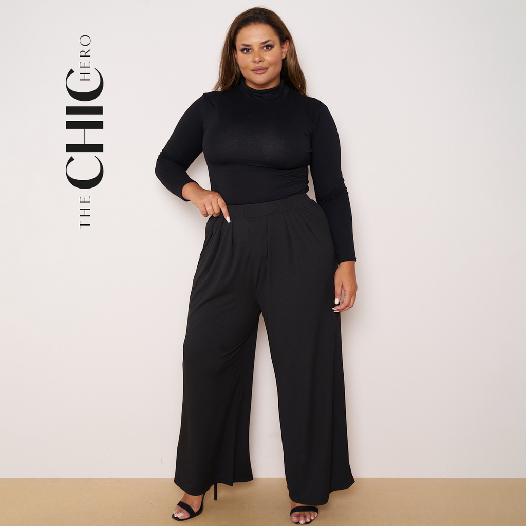 Black Wide-Leg Drawstring Pants Palazzo Pleated Pants XPLUS(4XL-5XL)