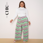 Green Curve Abstract Print Wide-Leg Drawstring Palazzo Pleated Pants
