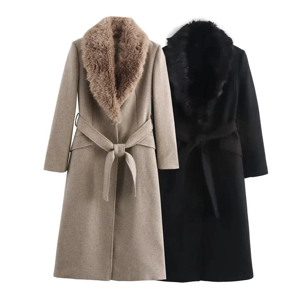 Women's Long Sleeve Lapel Single Breasted Coat with Belt Pocket - Warm Winter & Autumn Outerwear