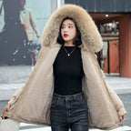 Women's winter coat with loose hood and thick synthetic fleece