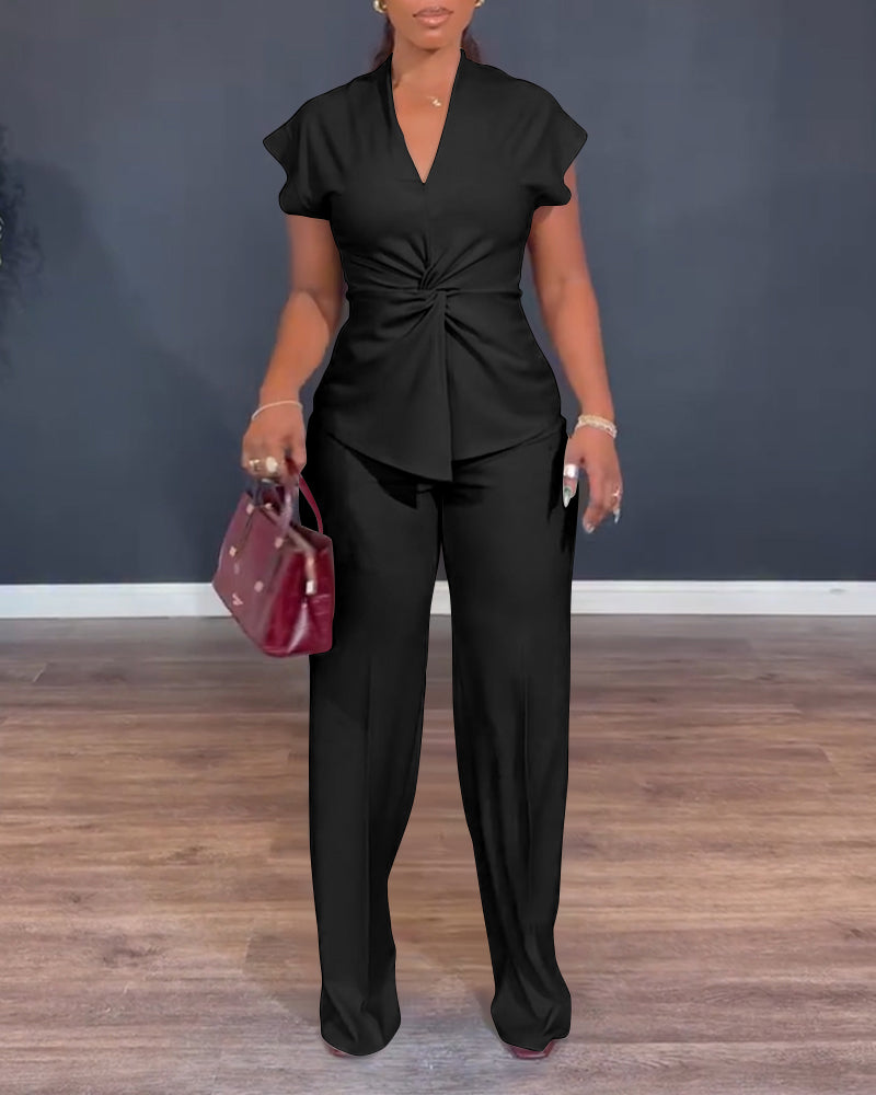 2 Pieces Outfit V-Neck Short Sleeve Twist Front Zipper Back Top and Straight Leg Pants Set Casual Commuting Set