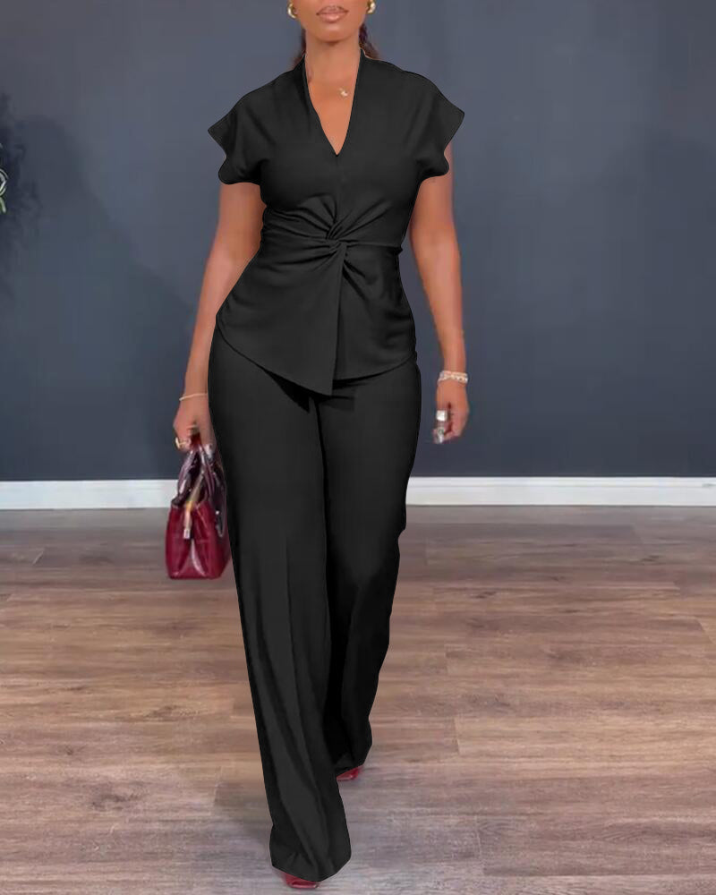 2 Pieces Outfit V-Neck Short Sleeve Twist Front Zipper Back Top and Straight Leg Pants Set Casual Commuting Set