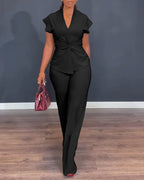 2 Pieces Outfit V-Neck Short Sleeve Twist Front Zipper Back Top and Straight Leg Pants Set Casual Commuting Set