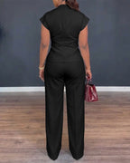 2 Pieces Outfit V-Neck Short Sleeve Twist Front Zipper Back Top and Straight Leg Pants Set Casual Commuting Set