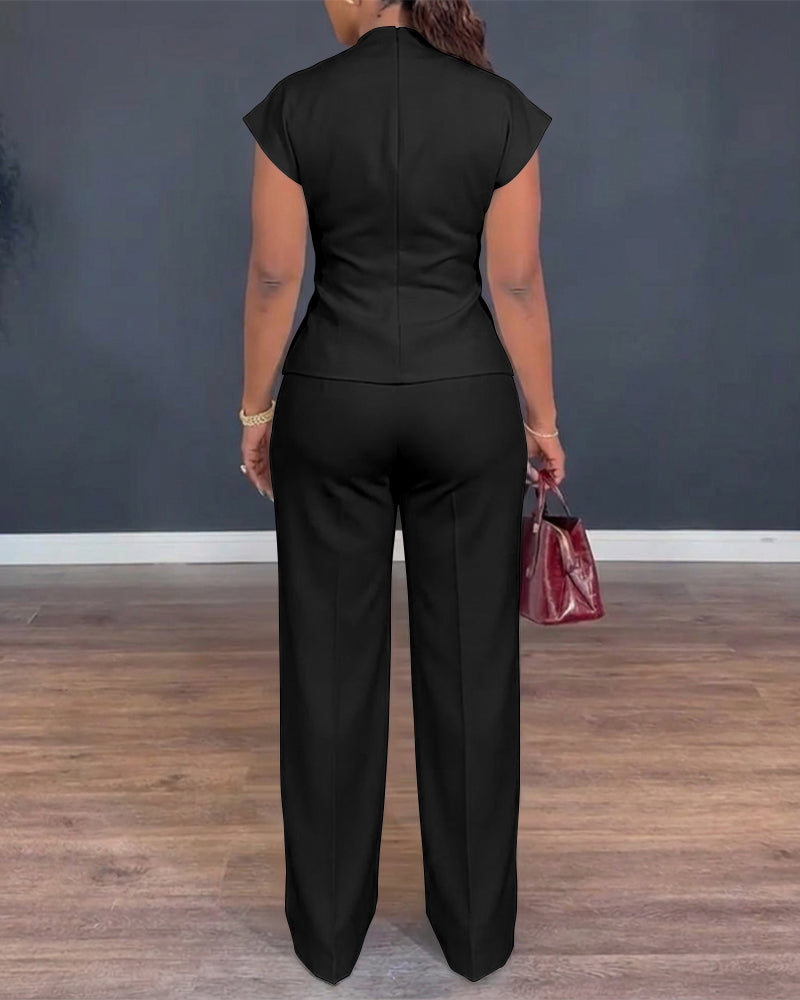 2 Pieces Outfit V-Neck Short Sleeve Twist Front Zipper Back Top and Straight Leg Pants Set Casual Commuting Set