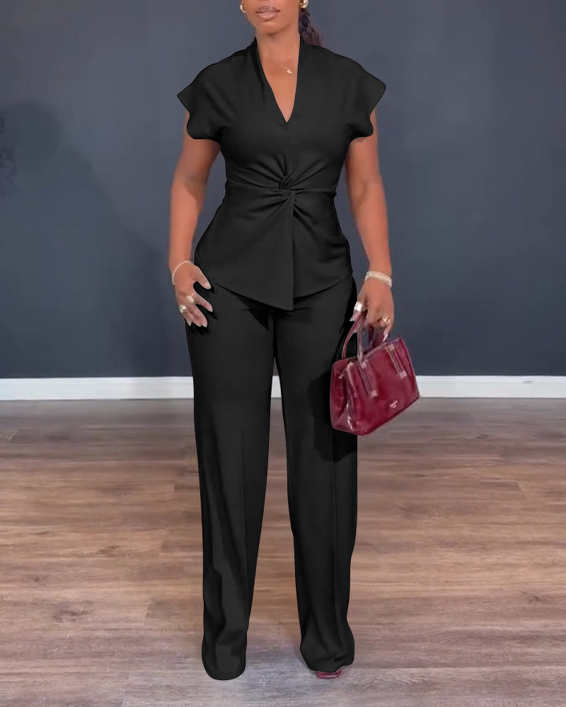 2 Pieces Outfit V-Neck Short Sleeve Twist Front Zipper Back Top and Straight Leg Pants Set Casual Commuting Set