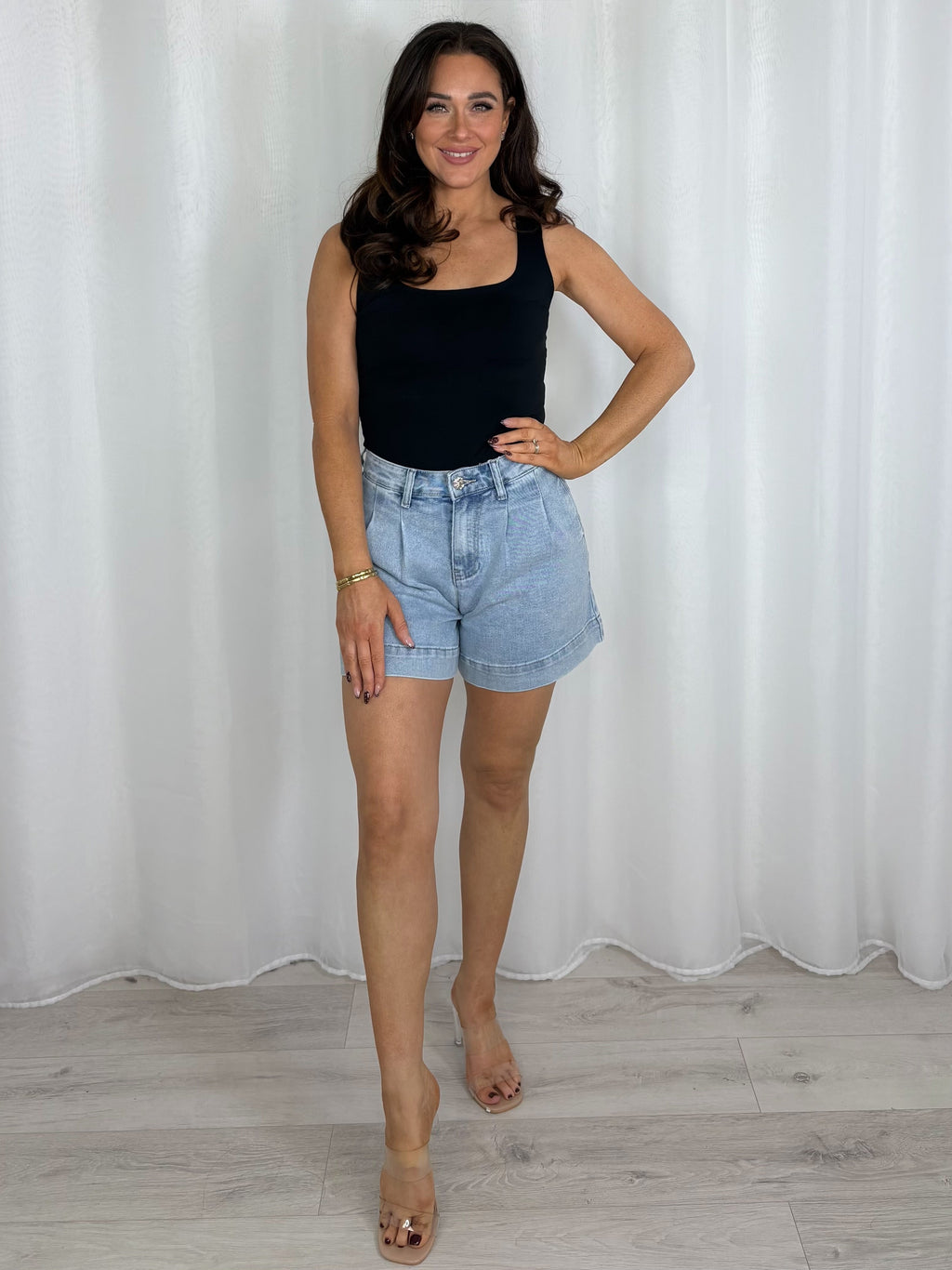 Pleated Denim Silver Button Shorts