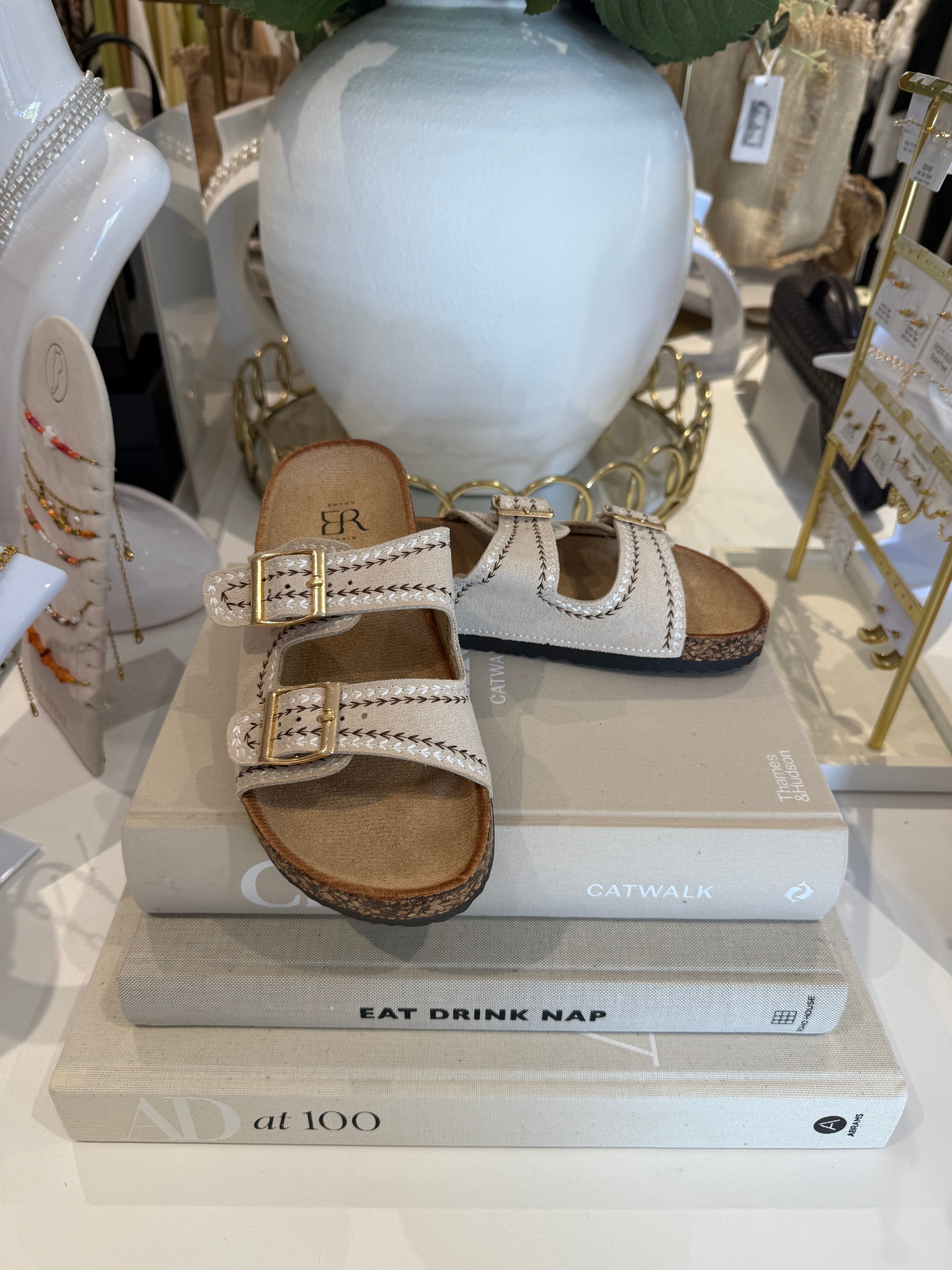 Chunky Cork Sole Double Buckle Stitching Detail Sandal (4 Colours)