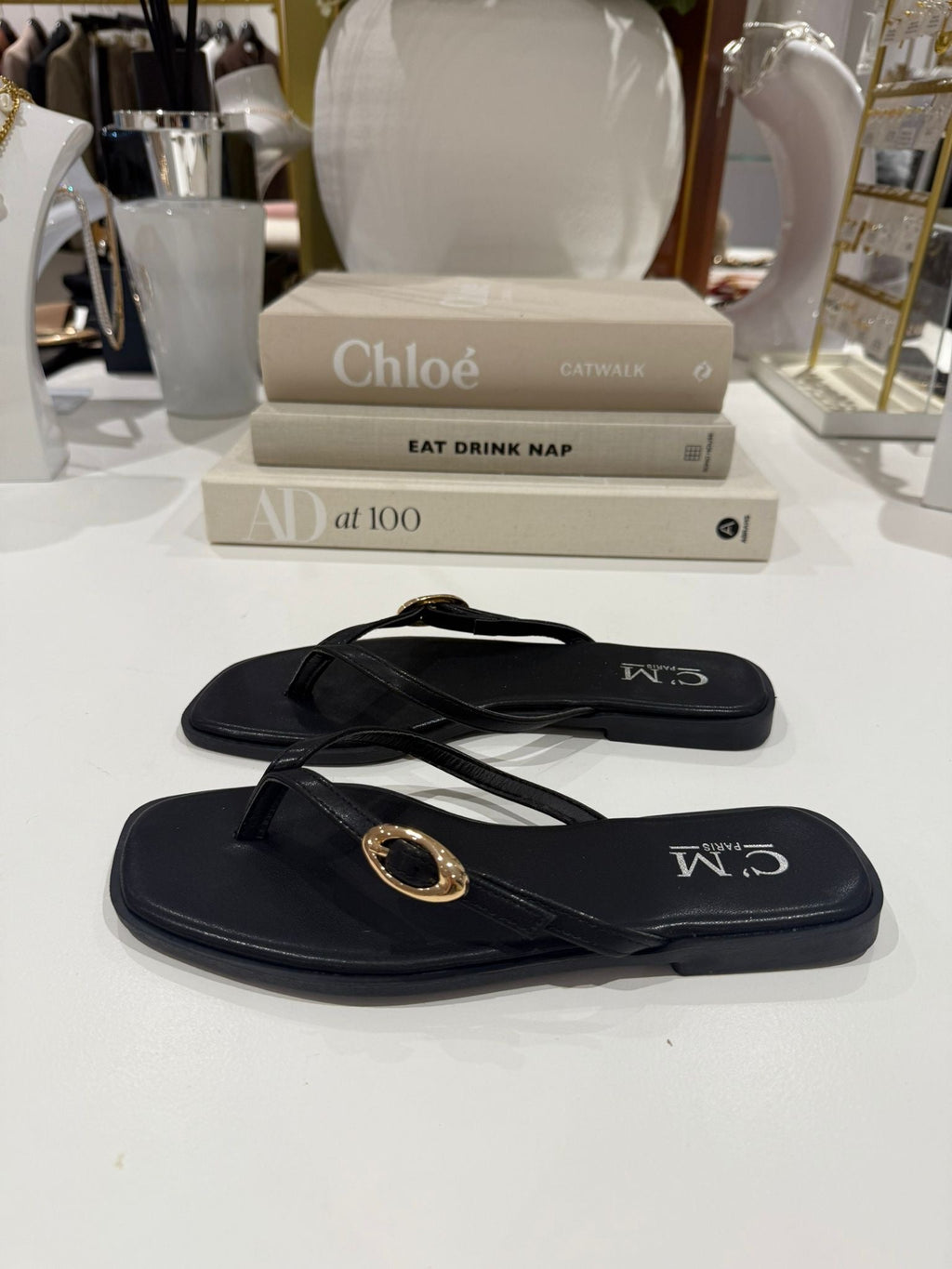 Toe Thong Flat Gold Buckle Sandals (2 Colours)