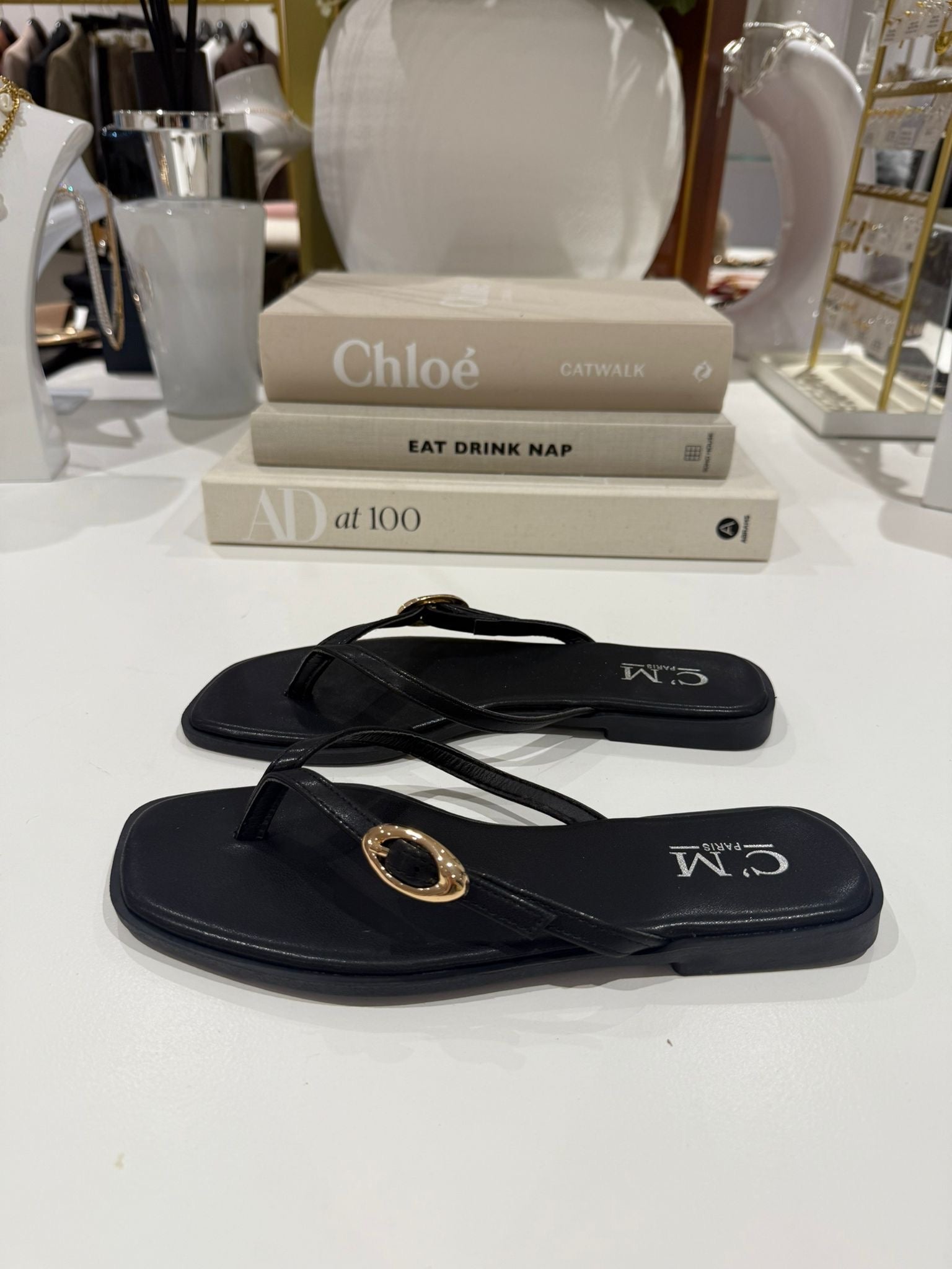 Toe Thong Flat Gold Buckle Sandals (2 Colours)
