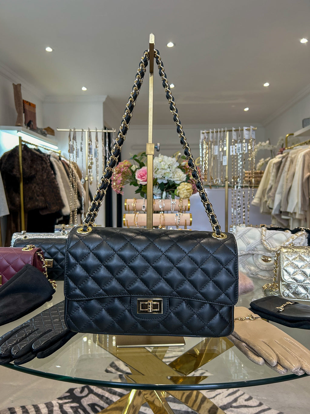 Large Genuine Leather Quilted Turn Lock Chain Handle Handbag (8 Colours)