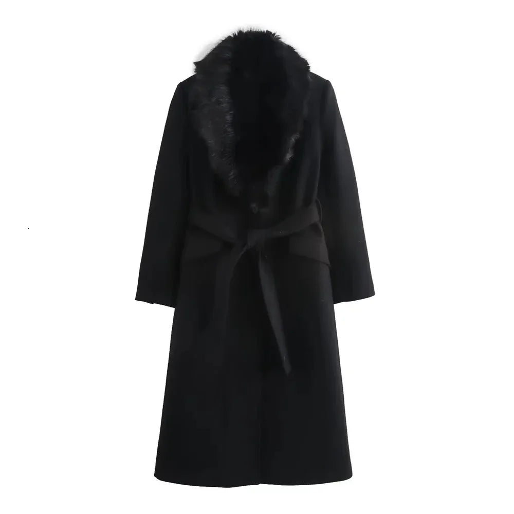 Women's Long Sleeve Lapel Single Breasted Coat with Belt Pocket - Warm Winter & Autumn Outerwear