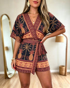 Women's Tropical Print Romper V Neck Wrap Knot Side Jumpsuit Half Sleeve Beach Vacation Summer Skorts Romper