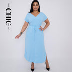 Plus size V-neck Short Sleeve Waist Drawstring Solid Color Dress