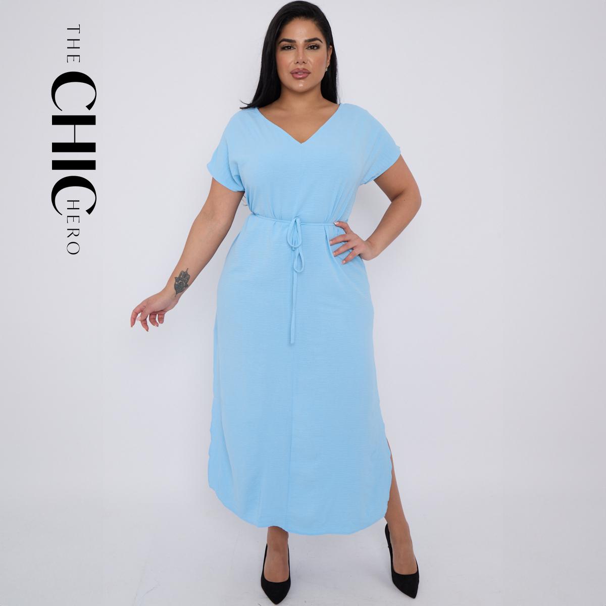 Plus size V-neck Short Sleeve Waist Drawstring Solid Color Dress