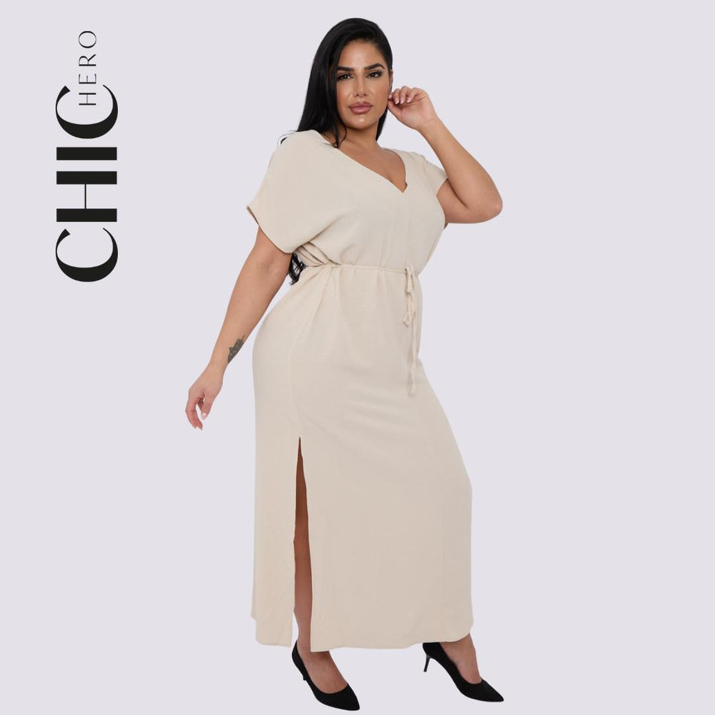 Plus size V-neck Short Sleeve Waist Drawstring Solid Color Dress