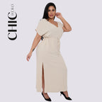Plus size V-neck Short Sleeve Waist Drawstring Solid Color Dress