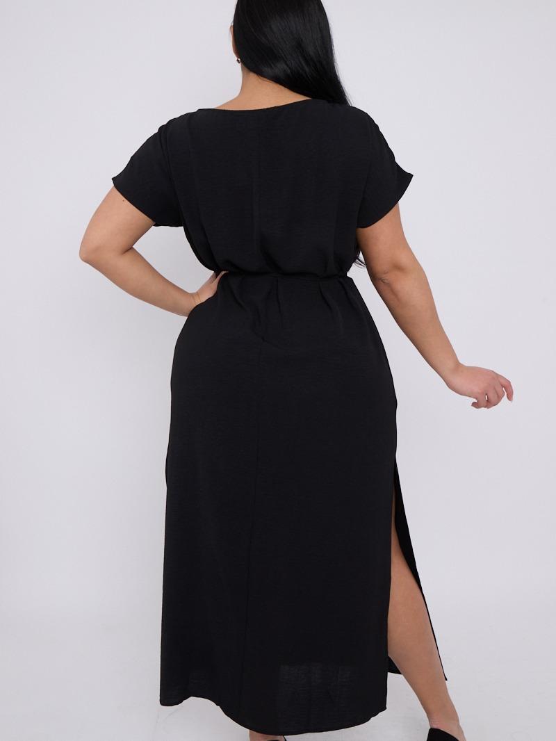 Plus size V-neck Short Sleeve Waist Drawstring Solid Color Dress